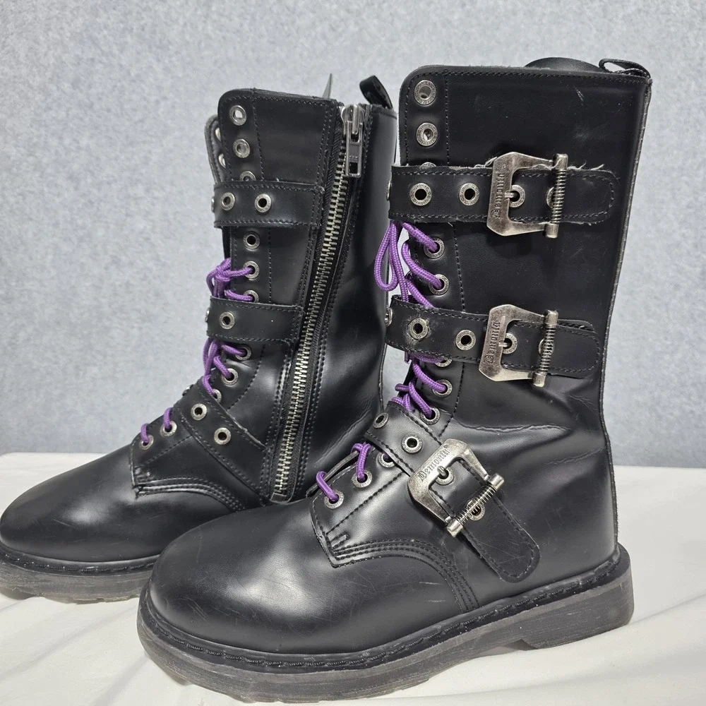 Demonia Black Leather Combat Boots - Side Zip - US 9 mens